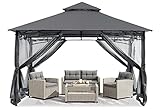 ABCCANOPY 2.5x2.5m Gartenpavillon für Terrasse Doppeldachweichdach Garten Hinterhof-Pavillon mit Netz für Schatten und Regen,Grau