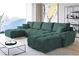 ML Furniture Velvet Ecksofa in U-Form – Grün Sofa – Couch mit Stauraum und Kissen - Ausziehbares Schlafsofa – Sofa mit Schlaffunktion - Schlafsofa mit Bettkasten – Gästebett – 365 x 189 cm