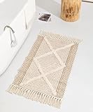 JaeMoose Baumwolle Teppich Getuftet Baumwollteppich Waschbar Retro Teppich Flur Teppich mit Quasten Marokkanisch Boho Teppiche für Wohnzimmer Schlafzimmer Eingangstür (Hellbraun, 60 x 90 cm)