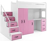 Interbeds Etagenbett Hochbett MAX 4 Größe 200x80cm mit Schrank und Schreibtisch, Farbe zur Wahl inkl. Matratze (rosa)