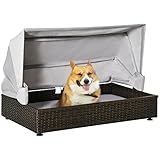 PawHut Rattan Hundehütte mit Dach Hundeliege Hundehaus Haustierbett Hundebett Hundekorb Hundesofa Hunde Outdoor Kissen Kaffee+Grau 90 x 60 x 65 cm