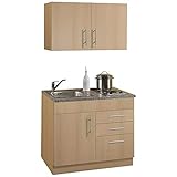 Lomadox Single-Küche 100cm in Buche-Dekor inkl. Spüle & Kochmulde
