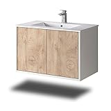Stil.Zeit Evelou Badmöbel inkl. Waschbecken | Waschtisch mit Unterschrank 80.5 cm | Weiß/Dekor Eiche Natur| Push-to-Open/hängend