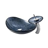 Badezimmer-Waschbecken, Aufsatzwaschbecken, Waschbecken aus gehärtetem Glas, Schüssel auf der Oberseite, blaues, minimalistisches Kunst-Waschbecken mit Wasserfall-Wasserhahn, Abflusskombination und M