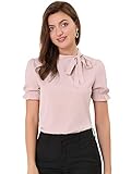 Allegra K Damen Kurzarm Panel Fliege Hals Rüschen Einfarbig Oberteil Bluse Rosa M