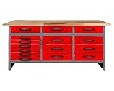 Ondis24 Werkbank Konny Werktisch Packtisch 15 Schubladen 160 x 60 x 85 (H) cm Werkstatteinrichtung Buchenholz, Metall bis 450kg belastbar