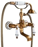 Rozin Badewannenarmatur mit Handbrause Messing Wandhalterung Duschbrause Zwei Keramik Griffe Nostalgie Vintage Design Badewanne Wasserhahn