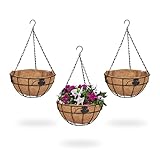 Relaxdays Blumenampel 3er Set, Metallkorb & Kokoseinlage, H x D: 48 x 31 cm, Hängepflanzen, innen & außen, braun/schwarz