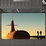 Badematte rutschfest waschbar Badvorleger,Krieg, U-Boot unter Abendhimmel mit Soldaten Nuclear Transport Navy Bild, Blau Orange,weich Mikrofaser saugstark Badteppich für Badezimmer Badewanne, 40x60 cm