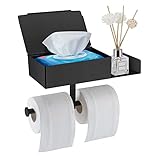 Toilettenpapierhalter mit Feuchttücherbox - Toilettenpapierhalter mit Ablage - Schwarz Wandhalterung Klopapierhalter - Toilettenpapierhalter Ohne Bohren für Küche und Badzimmer