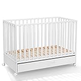 ATB MEBLE Babybett mit Schublade - LUX - Beistellbett Baby - Gitterbett mit Rädern - DREI Ebenen der Matratzenhöhe - Bett Baby Mitwachsend - Kinderbett umbaubar - 120 x 60 cm - Weiß