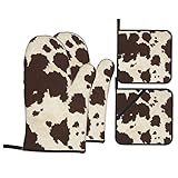 Kuhfell Print Isolierte Handschuhe und Pfannenmatte Set, 4er Set, wasserdichte rutschfeste Ofenhandschuhe und Pfannenmatten mit Taschen für Küche Kochen Grill