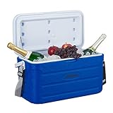 Relaxdays Kühlbox 20 l, Kühlkiste für unterwegs, Tragegurt & Griff, ohne Strom, Isolierbox, 29 x 52,5 x 26,5 cm, blau