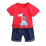 Julhold Zweiteiliger Anzug Sportkleidung Kinder Jungen Sommer Kurzarm Cartoon Auto Rehkitz T-Shirt + Einfarbige Jeansshorts Kinderkleidung Set Party Passen(Rot,S)