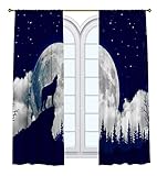 Assos Home Vorhang mit Wildtiermotiv, bedruckt, Schlafzimmer, Esszimmer, Wohnzimmer, 2 Stück, mehrdimensionale Heulender Wolf-Silhouette, Dunkelblau