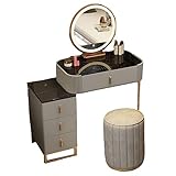 Vanity Set Makeup Frisiertisch mit großen runden beleuchteten Spiegel, Glasplatte, Vanity Tisch mit 4 Schubladen Sideboard und gepolsterte Hocker für Schlafzimmer, Mädchen Frauen Geschenke