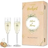 Leonardo Sektgläser mit Gravur - Papierhochzeit Design - Personalisiert mit Namen & Datum inkl. Holzkiste - Geschenk zur Hochzeit Verlobung Jahrestag - Farbe: Sekt