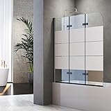 Duschwand für Badewanne Faltbar 120 x 140 cm 3 teilig Faltbar mit 6mm Sicherheitsglas NANO Beschichtung Faltwand,Schwarz Aluminiumrahmen,Weiß Gestreifte Glasoberfläche, Leicht zu Reinigen