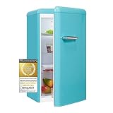 Exquisit Retrokühlschrank RKS100-V-H-160F taubenblau | Standgerät | 94 l Volumen | Taubenblau | Retro | Türablagen und Glasablagen | Kühlen | LED-Licht | Freistehend