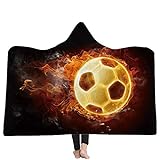 IUBBKI Kapuzendecke für Erwachsene und Kinder, 3D-Baseball-Fußball-bedruckte Decke mit Kapuze, weicher Plüschumhang, Umhang, geeignet für Fernsehen auf Bett/Sofa (Kinder, 150 x 130 cm, Flammenfußball)