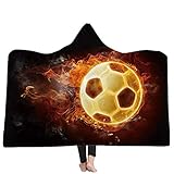 IUBBKI Kapuzendecke für Erwachsene und Kinder, 3D-Baseball-Fußball-bedruckte Decke mit Kapuze, weicher Plüschumhang, Umhang, geeignet für Fernsehen auf Bett/Sofa (Kinder, 150 x 130 cm, Flammenfußball)