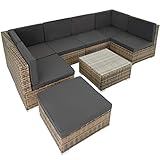 TecTake 800762 XXL Poly Rattan Sitzgruppe Venedig, 6 Sitze 1 Tisch 1 Hocker mit Edelstahlschrauben, extra Dicke Sitzkissen (Natur | Nr. 403701)