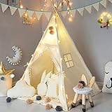 TreeBud Kinder Tipi Zelt mit gepolsterter Matte, Banner, Lichterkette, Wollknäuel, Tragetasche, Beige Baumwolle Leinwand Spielzelt für Kinder mit Quasten und Spitze, Spielhaus für Kinderzimmer Dekor