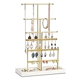 GHIAKQYT T Form Schmuckständer gold - 6 Tier Schmuckbaum Kettenständer Ohrringständer Schmuck Organizer,Schmuckhalter mit Weiß Tablett Schmuckaufbewahrung für Ketten,Ohrringen,Ringen,Uhren,Armbändern