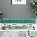 Luxus-Schlafzimmer-Sitzbank aus Plüsch mit X-förmigem Metallsockel, dekorative getuftete Akzent-Schuhbank für Wohnzimmer, Moderne Samt-gepolsterte Eingangsbank-Grün 60 x 38 x 43 cm (24 x 15