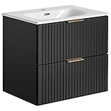Lomadox Badmöbel Waschtisch Set 61cm mit Keramik Waschbecken, Unterschrank matt schwarz mit gerilllter Front, Badschrank mit 2 Softclose-Auszügen, B/H/T ca. 61/58,5/46 cm