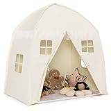 COSTWAY 143 x 100 x 155 cm Spielhaus für 2-3 Kinder, Prinzessin Prinzess Kinderzelt, Kinderspielzelt mit Fenstern und doppeltem Vorhang, Spielzelt In- & Outdoor (Beige)