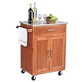 COSTWAY Küchenwagen mit Schublade, Kücheninsel mit Handtuchhalter & Arbeitsplatte aus Edelstahl, Küchenschrank rollbar, Servierwagen aus Holz, Kücheninselwagen, Mikrowellenwagen, Sideboard naturholz
