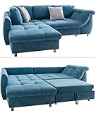 Modernes Ecksofa mit Schlaffunktion, Wellenunterfederung mit Komfortschaum, gemütliches L-Sofa 250 x 190 cm, Longchair Ottomane links, Couch mit Microfaser-Stoff Blau, 2 Zierkissen Grau | 17108