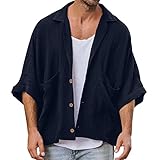 Herren Mode Frühling Sommer Casual Große Größe Kurzer Turndown Neck Solide Hemden Top Bluse mit Taschen Hemd Herren Kragen Muster (Marine,Marine)