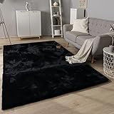 Paco Home Hochflor Teppich Wohnzimmer Schlafzimmer Modern Flauschiger Fellteppich Fell Imitat Kunstfell Langflor, Grösse:80x150 cm, Farbe:Schwarz