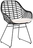 Korb-Sessel Retro-Stil Rattan Club-Sessel 50er Eisen-Gestell Korbstuhl mit Armlehne (Schwarz mit Kissen)