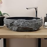 wohnfreuden Marmor Waschbecken schwarz oval 50 cm - Unikat Stein Aufsatzwaschbecken innen poliert außen gehämmert für das Badezimmer - Naturstein Waschschale für Gäste-WC