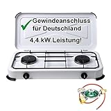 Gaskocher Campingkocher 2-flammig 50 mbar mit Gasschlauch und Gasregler mit 360°-Manometer Gas Füllstandsanzeige und Schlauchbruchsicherung