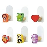 LYPPUL 6 Stück Tiere Klebehaken, Garderobenhaken Kinder Selbstklebende, Kindergarderobe Kinderzimmer Holz ohne Bohren für Handtücher Mützen Rucksäcke Garderobe Kinderzimmer Deco