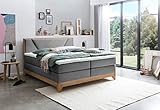 Belanoti Riviera Boxspringbett 160x200 Eiche 7-Zonen Taschenfederkern Matratze inkl Visco Topper Bett 160x200 in der Farbe Anthrazit H2/H3 Polsterbett Hotelbett mit Massivholz Eiche Massivholzbett