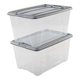 Iris Ohyama, 2er-Set, Aufbewahrungsboxen, 45L mit Clips, stapelbar, Wohnzimmer, Schlafzimmer, Garage - New Top Box NTB-45 - Grau / Transparent