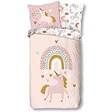 Aminata Kids Bettwäsche Kinder 135x200 Mädchen Einhorn Motiv aus Baumwolle mit Reißverschluss Kinder-Bettwäsche-Set Jugendliche Teenager Einhornbettwäsche beige Tiere Tier-Motiv