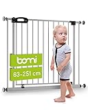 BOMI Türschutzgitter 63-251 | Ohne Bohren | 90° Stop | Schließt automatisch | Tuerschutzgitter weiß Metall Selbstschließend | Treppengitter zum Klemmen für Baby