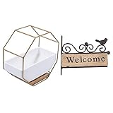 ESUKAR 1 Set Tisch Sukkulenten Keramik Blumentopf Bambusschale Eisenrahmen Set und 1 Stück Plaque Holz Vogel Willkommen Türschild
