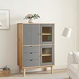 JUNZAI Highboard, Buffetschrank, Mehrzweckschrank, Bücherschrank, Hochschrank, Vorratsschrank, Wohnzimmerschrank, Sideboard, Küchenschrank, Braun und Grau 85x43x125 cm Massivholz Kiefer