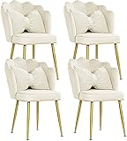 Küchen-Esszimmerstühle, 4er-Set, Samt-Esszimmerstühle mit Kissen, skandinavischer Küchentheken-Loungesessel, Wohnzimmer-Eckstuhl, Wannenstuhl mit Metallbeinen, Armlehne und Rückenlehne (Farbe: Creme).