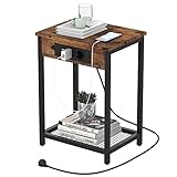 YBING Nachttisch mit Ladestation, Moderner Schmaler Beistelltisch Kleiner mit 2 Steckdosen und 3 USB-Anschlüsse, Minimalistisch Holz Nachttisch mit Ladefunktion für Schlafzimmer, Wohnzimmer（Braun）