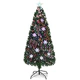 GYMAX 120/150/180 cm künstlicher Weihnachtsbaum mit Glasfaser-Farbwechsel & 18/24/28 LED-Lichtern, Tannenbaum mit 125/170/220 PVC-Nadeln & Schneeflocken, Christbaum mit Baumkronenstern, Grün (180 cm)