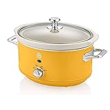 Swan Retro SF17021YELNEU Slow Cooker 3,5L Abnehmbarer Kochbehälter, PFOA- und PTFE-freier Keramischer Antihaft-Behälter, 3 Temperaturstufen, Glasdeckel, Vintage-Design, Gelb, 200W