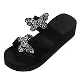 TEELONG Schnalle Slip on Slide Sandalen Frauen Frauen Slope Heel Dicker Boden Strand Slipper Helle Diamant Schmetterling Mode Hausschuhe, Schwarz , 6 UK 3X-Narrow